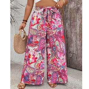 Plus FloraL Paisley Print Belted Wide leg Pants